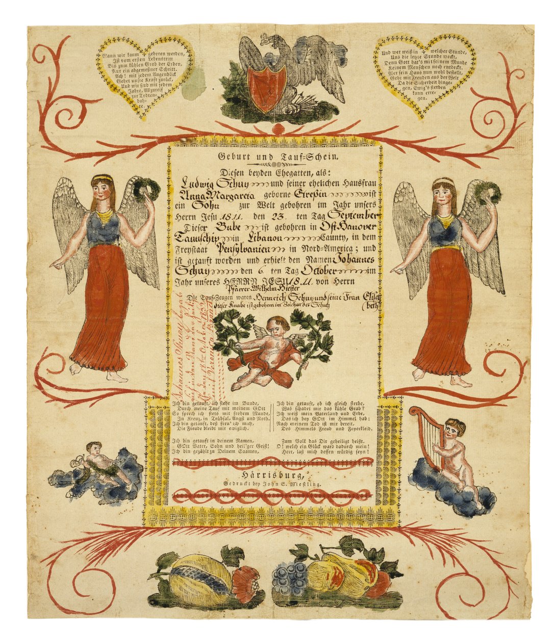 Certificat de naissance et de baptême, c. 1828 - American School