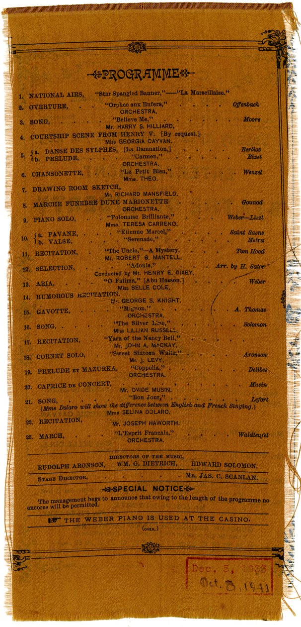 Divertissement au Profit du Fonds pour le Piédestal de la Statue de la Liberté [verso], 1885 - American School