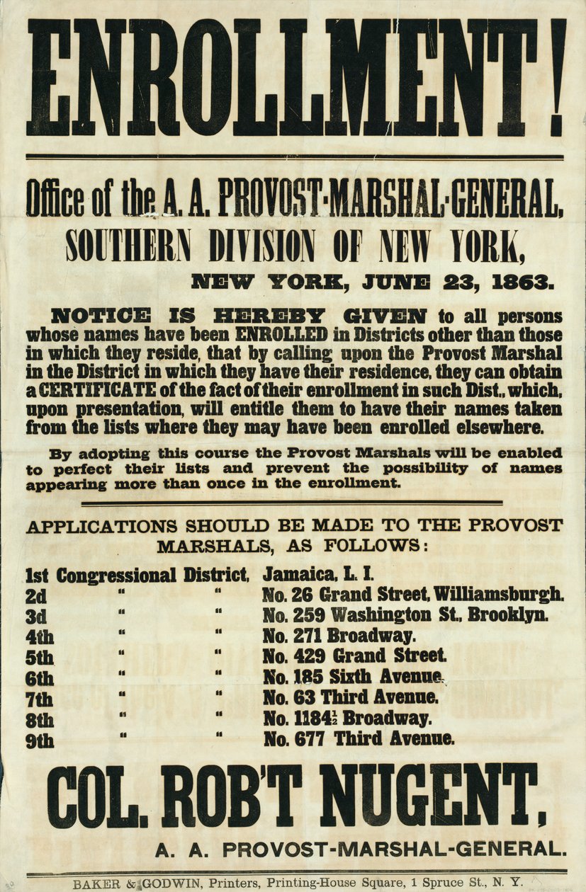 Affiche de recrutement pour la division sud de New York, 23 juin 1863 - American School