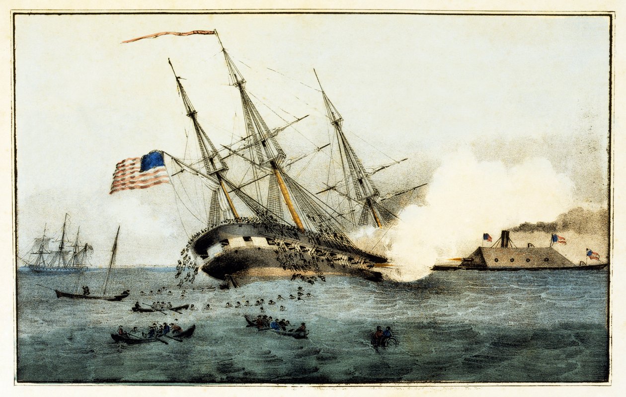 Le naufrage du Cumberland par le Merrimac blindé, au large de Newport News, Va., 8 mars 1862, pub. 1862 - American School