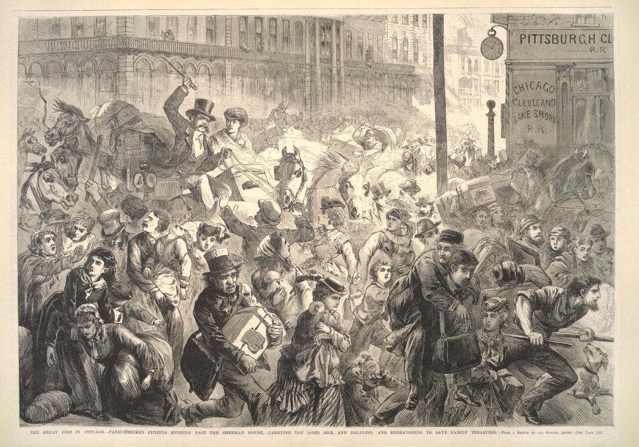 Le grand incendie de Chicago : citoyens paniqués se précipitant devant le Sherman House, illustration de Frank Leslie