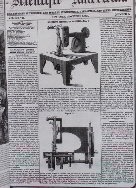 Le modèle original de la machine à coudre par Isaac Merrit Singer (1811-75) de The Scientific American, 1er novembre 1851 - American School