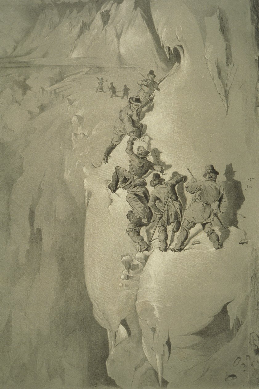 Un coin dangereux, de Dix scènes de la dernière ascension du Mont Blanc, y compris cinq vues du sommet, par J.D.H. Browne, publié en 1853 - English School