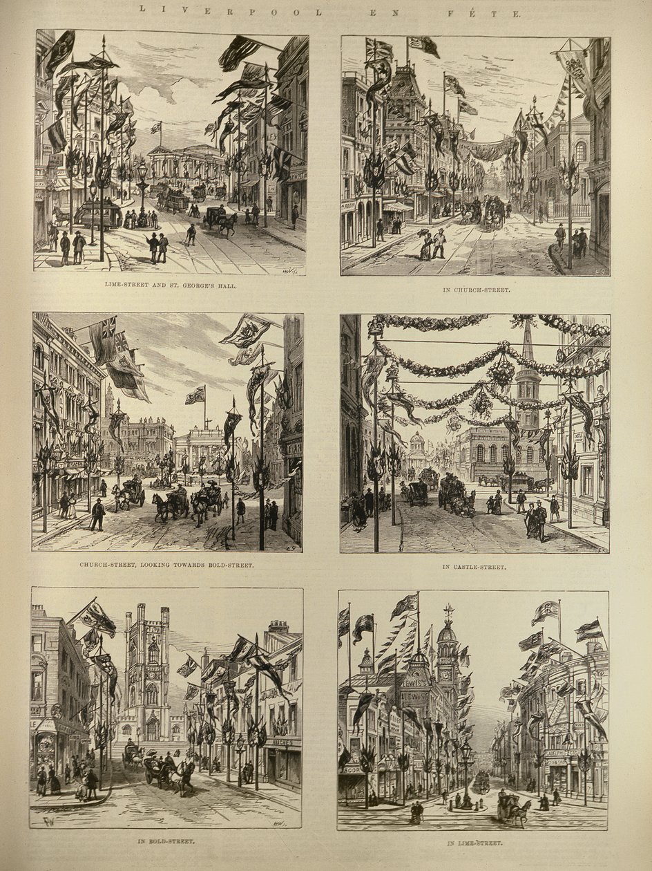 Liverpool en fête : Lime Street et St. Georges Hall ; Church Street ; Castle Street ; Bold Street, de The Illustrated London News, 15 mai 1886 - English School