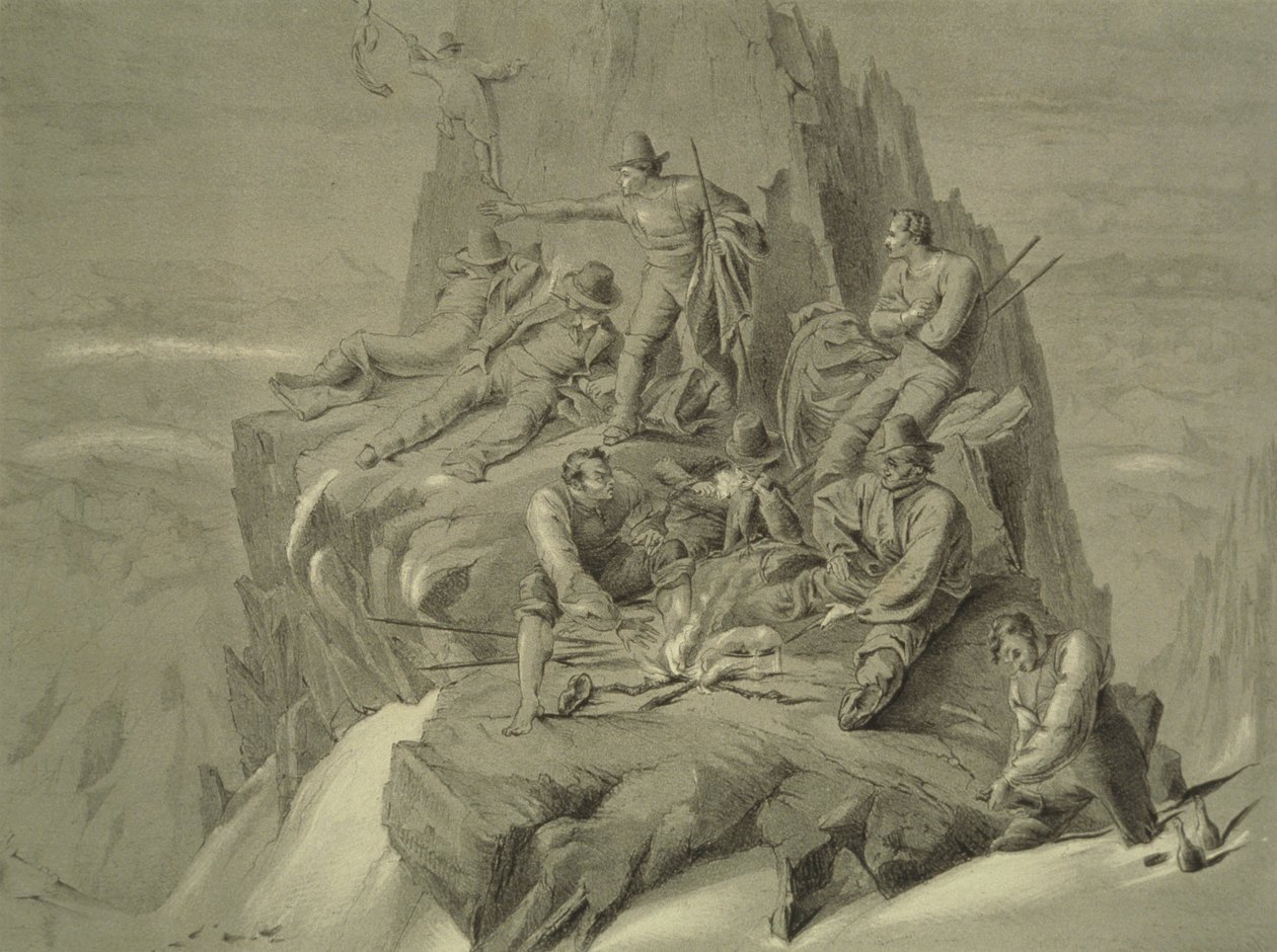 Repos sur une corniche, de Dix scènes de la dernière ascension du Mont Blanc, y compris cinq vues du sommet, par J.D.H. Browne, publié en 1853 - English School