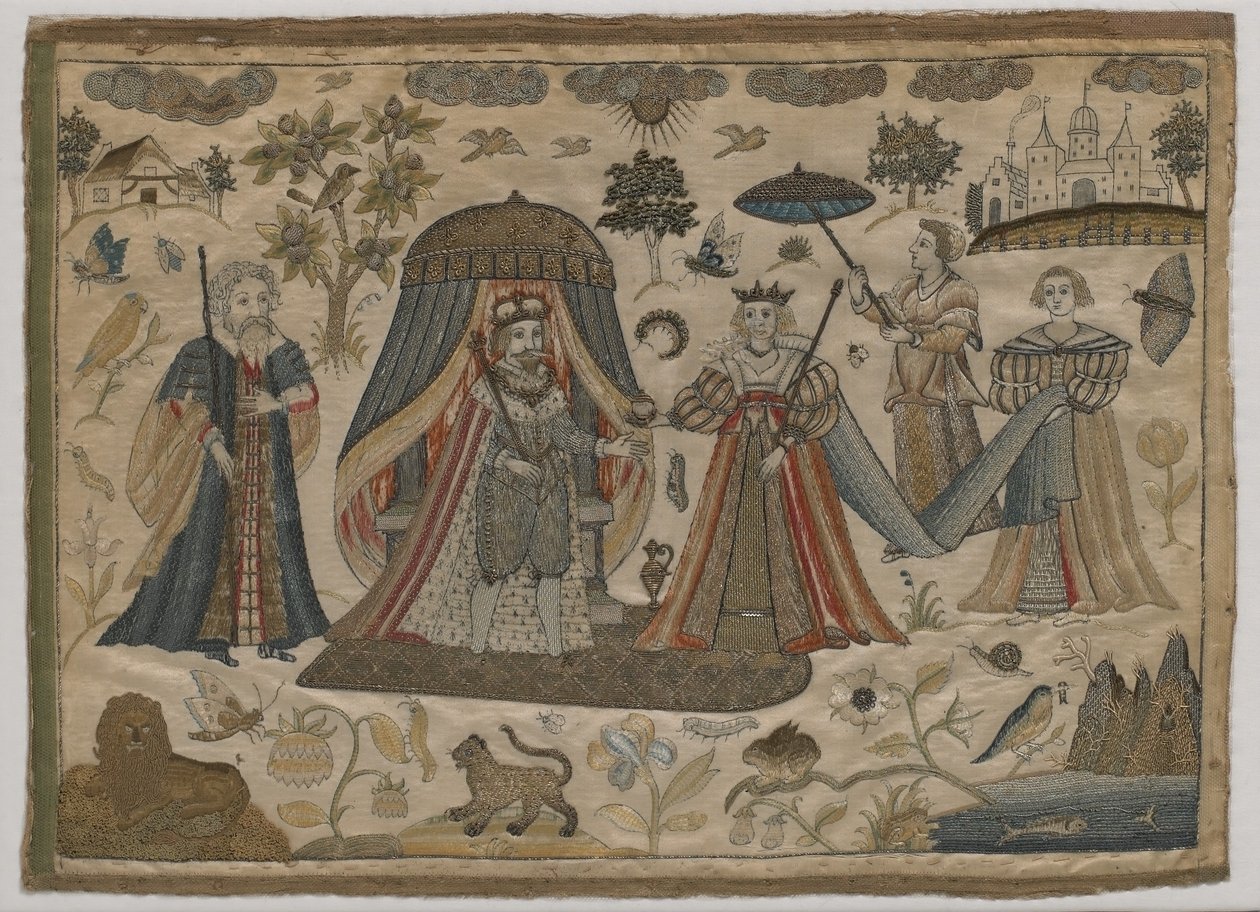 La rencontre du roi Salomon et de la reine de Saba, vers 1650 (broderie en soie plate) - English School