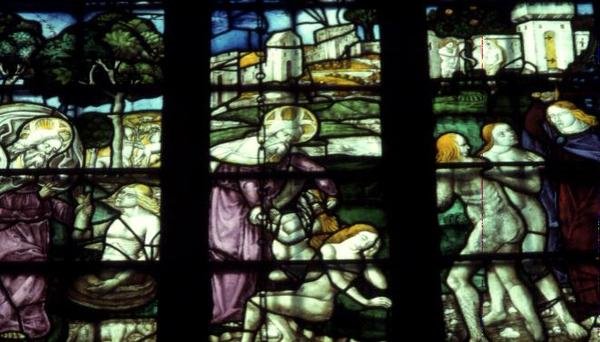 Vitrail représentant Adam et Ève, la Création et l