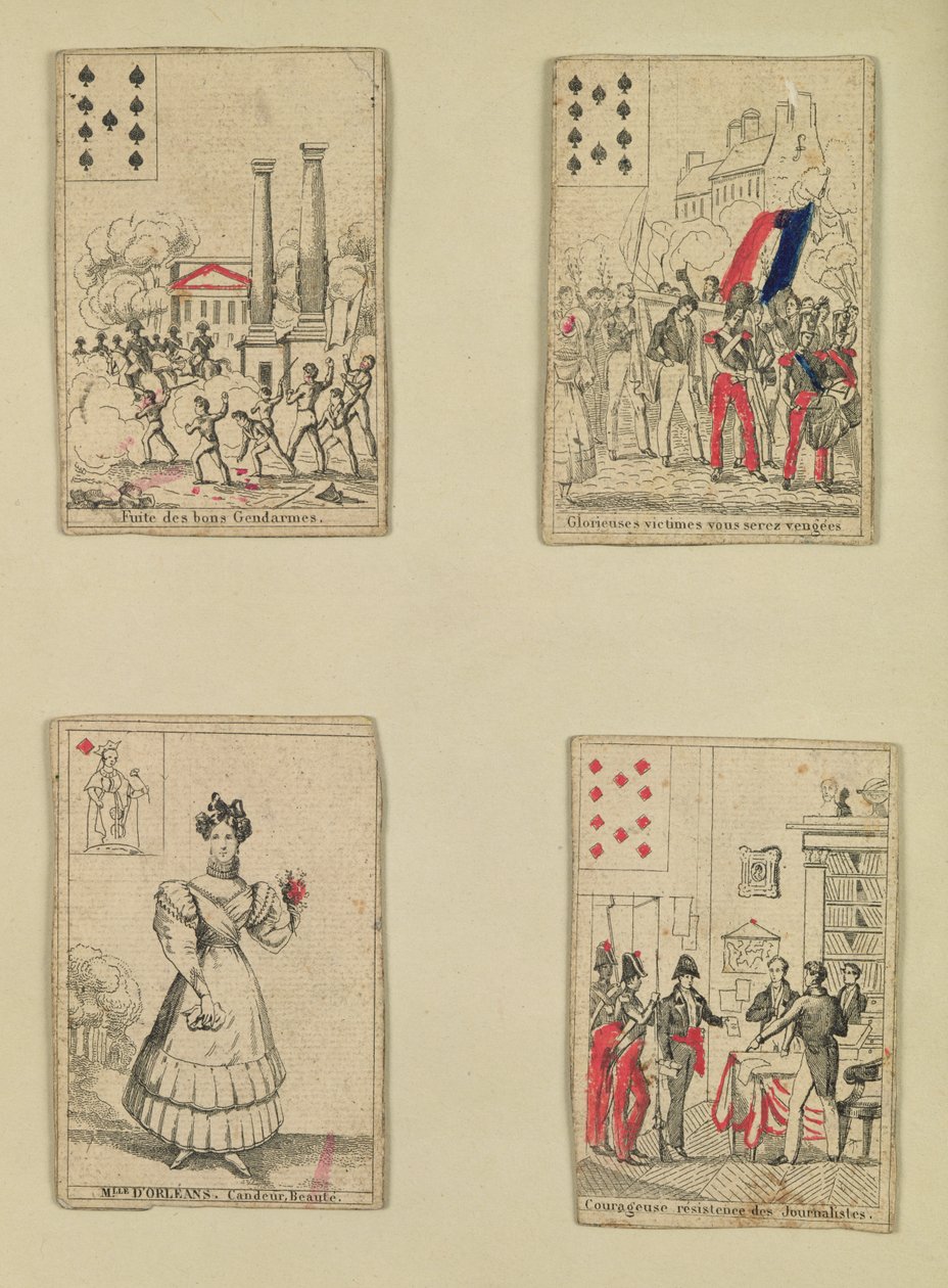 Quatre cartes à jouer commémorant les héros de juillet 1830, 1831 - French School