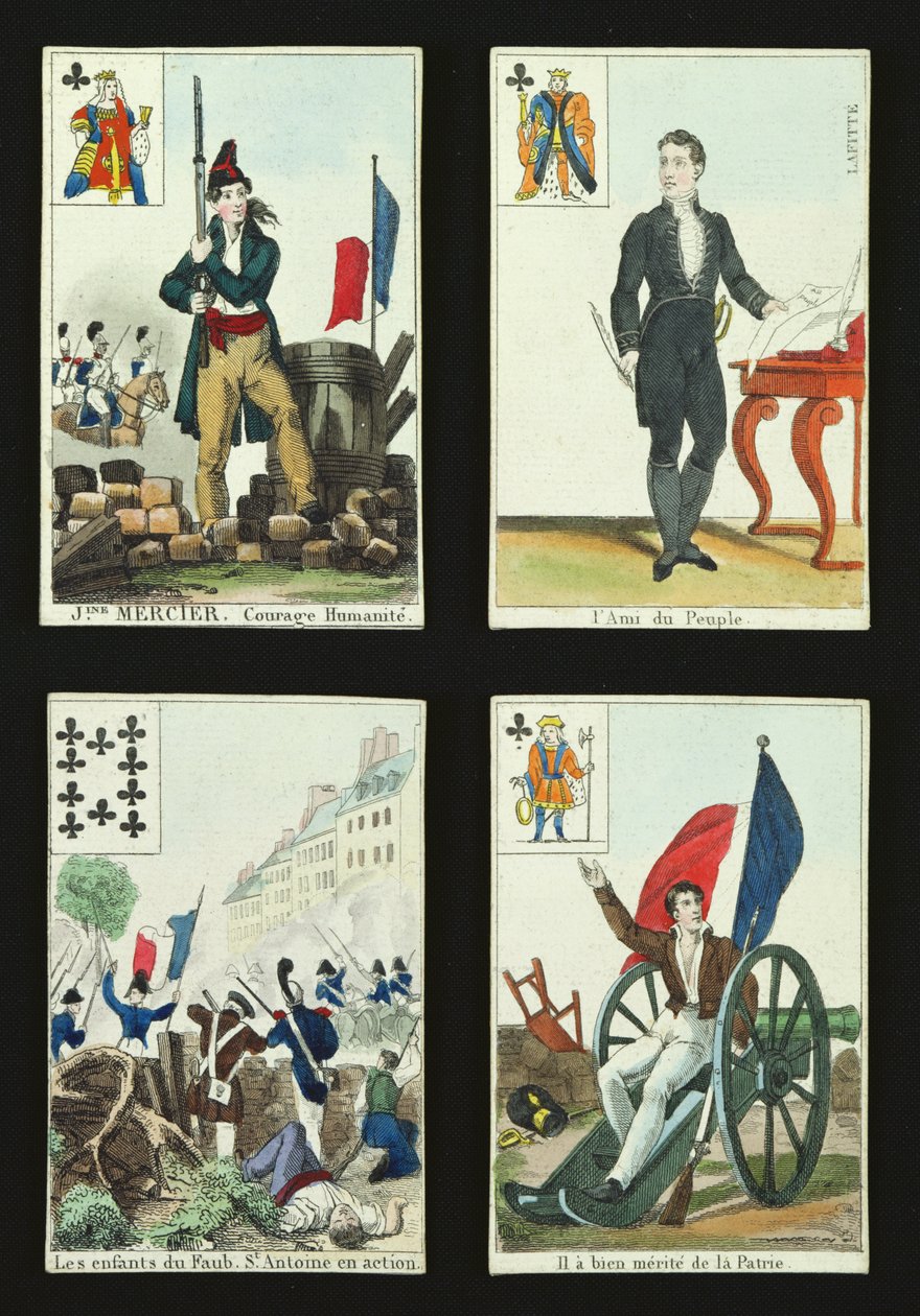 Quatre cartes à jouer commémorant les héros de juillet 1830, 1831 - French School