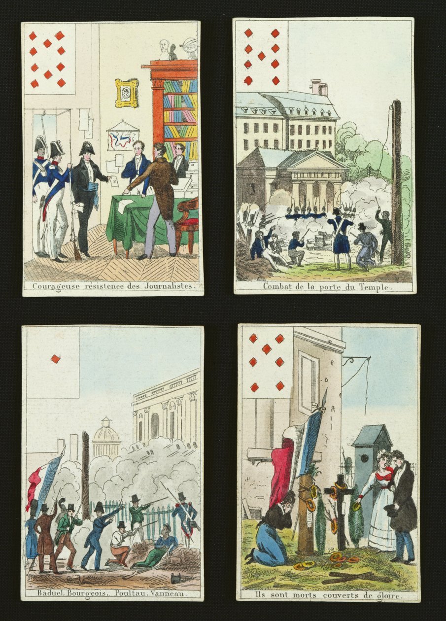 Quatre cartes à jouer commémorant les héros de juillet 1830, 1831 - French School