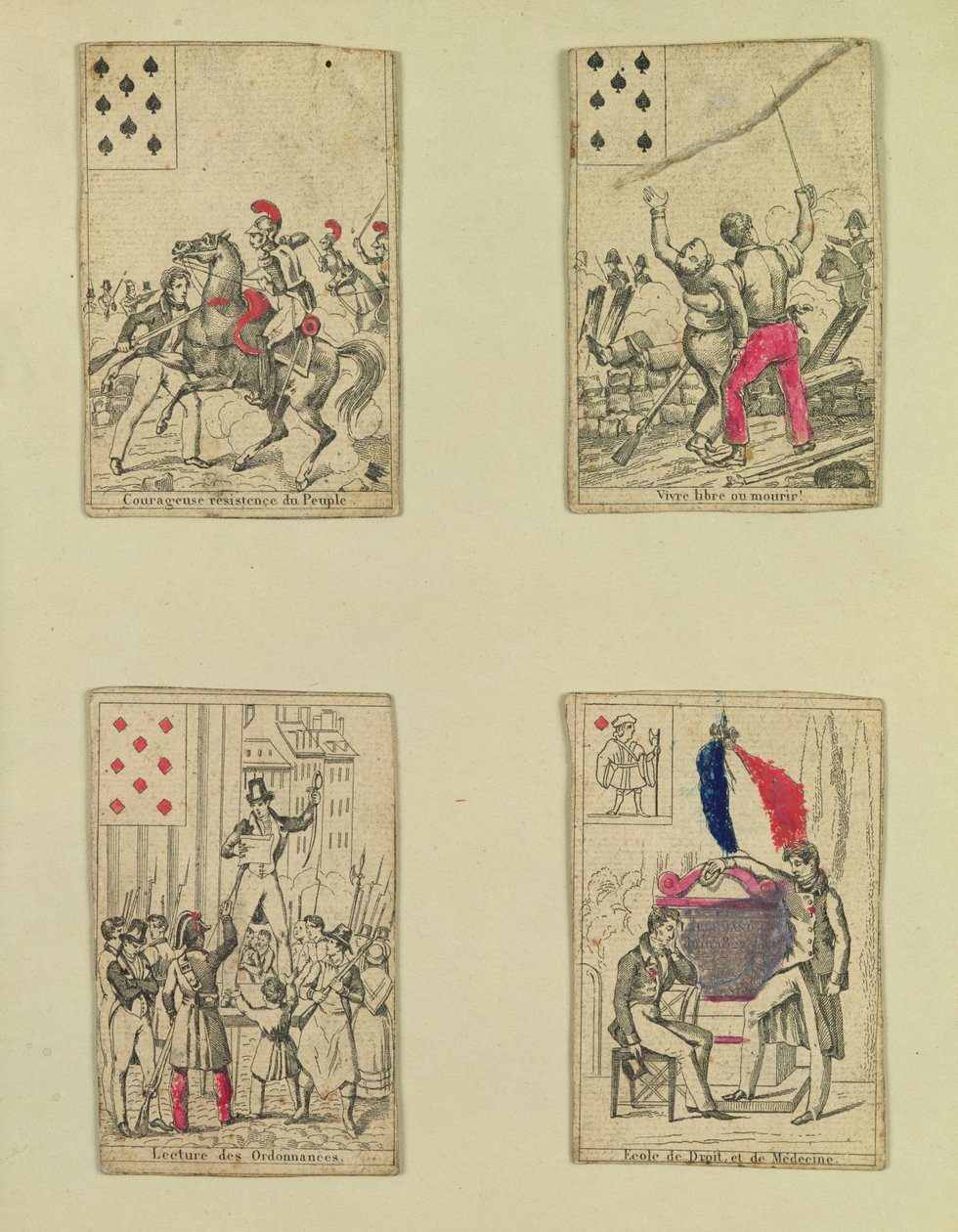 Quatre cartes à jouer commémorant les héros de juillet 1830, 1831 - French School