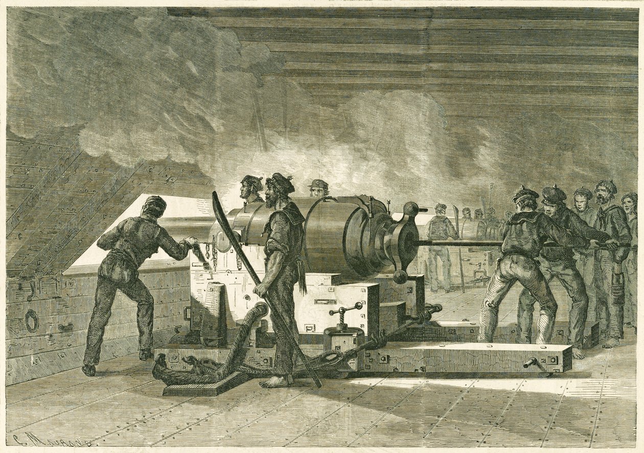 Intérieur de la batterie du Merrimac, pendant le combat avec le Monitor, publié 1862-1865 - French School