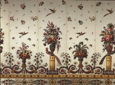 Textile avec vases et urnes classiques, fleurs et oiseaux de paradis - French School