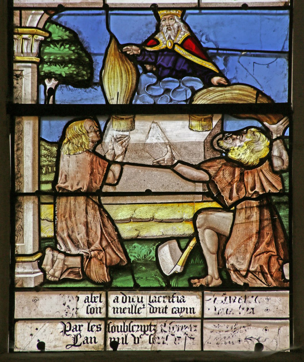 Vitrail représentant Caïn et Abel faisant leurs Offrandes - French School