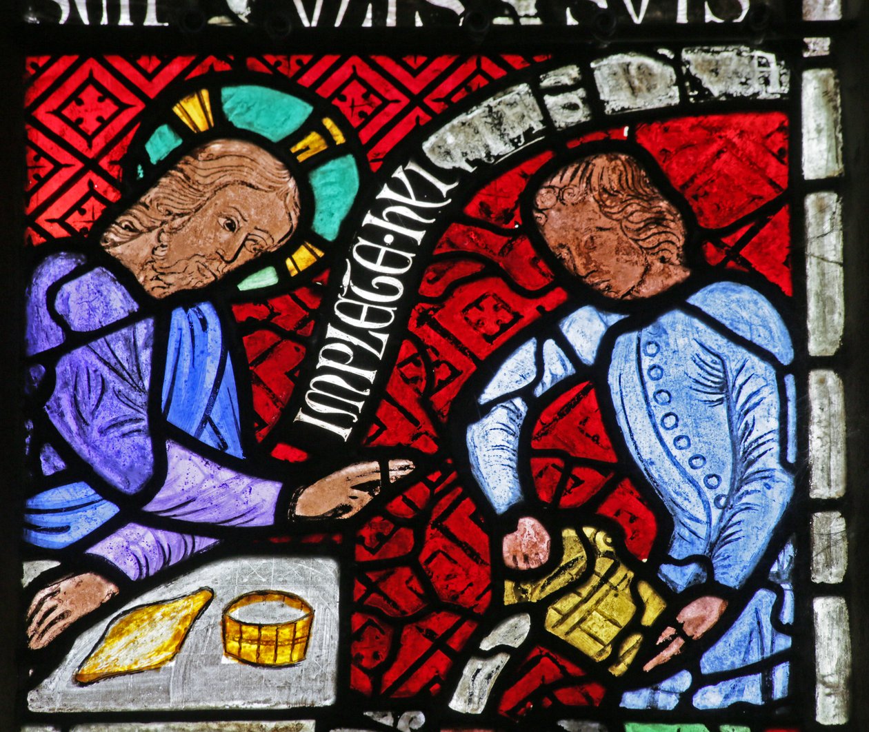 Vitrail représentant le Christ et un serviteur au Mariage de Cana - French School
