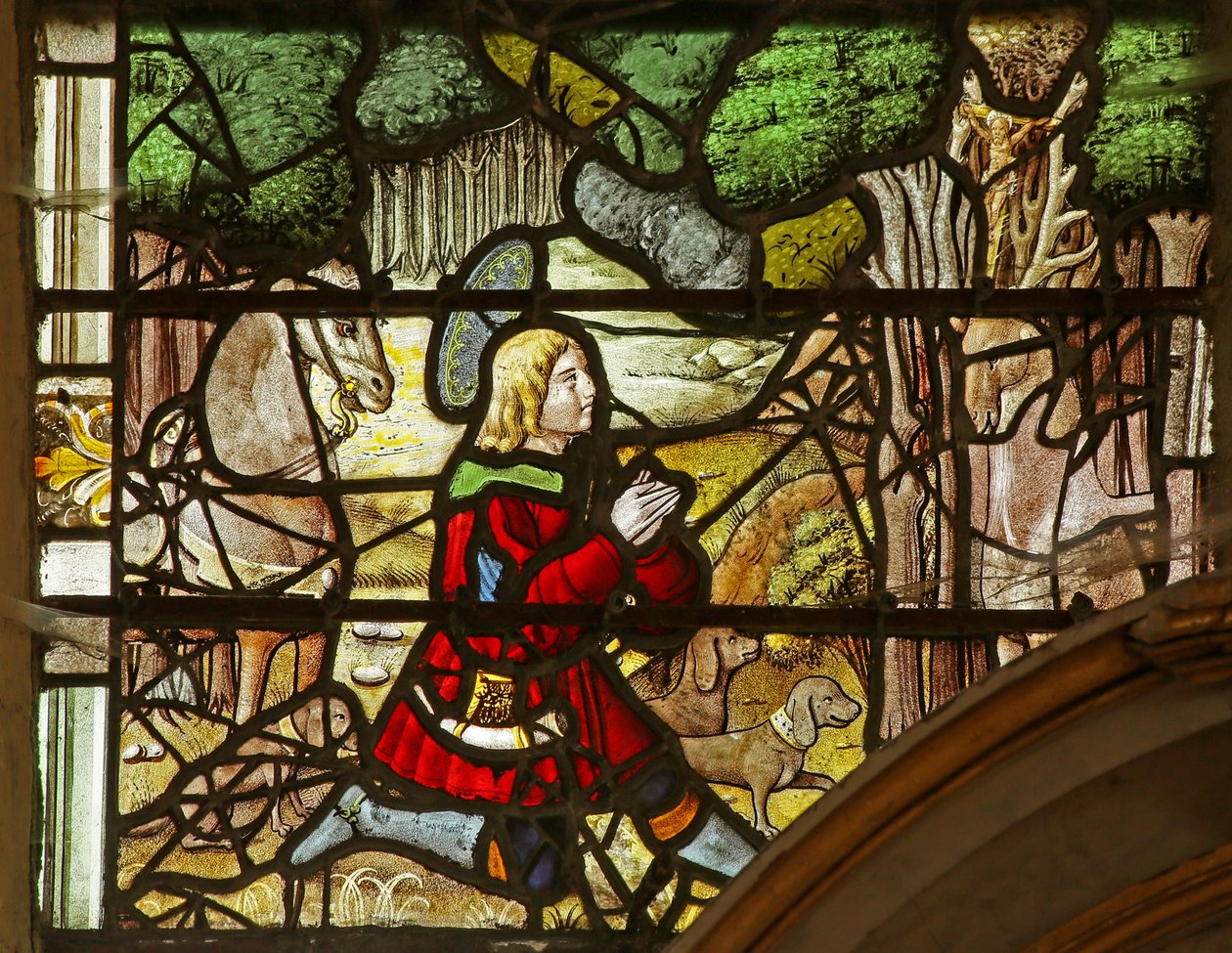 Vitrail représentant Saint Eustache ayant une vision du Christ entre les bois du cerf - French School