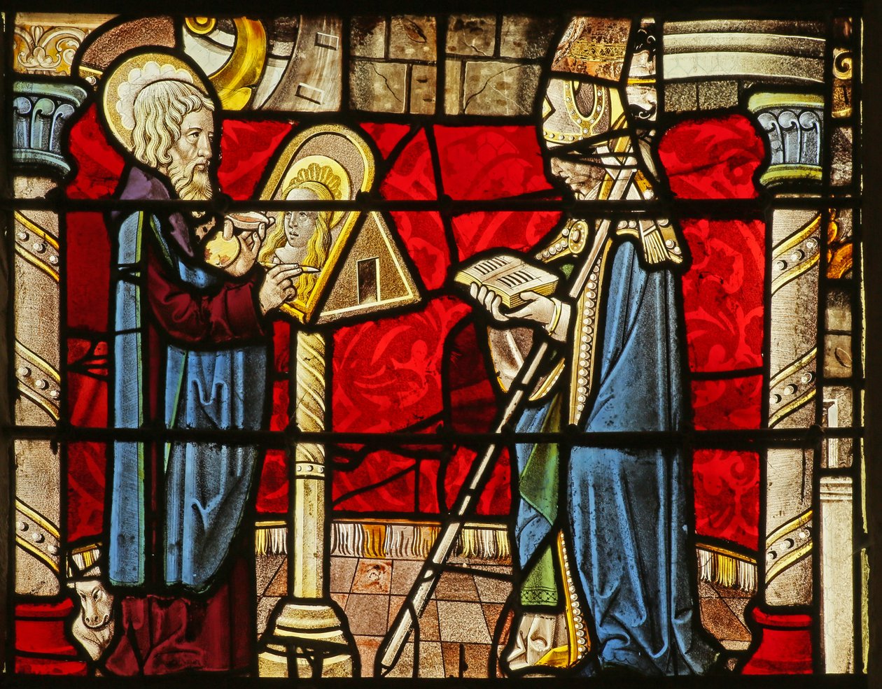 Vitrail représentant Saint Luc peignant un portrait de la Vierge Marie - French School