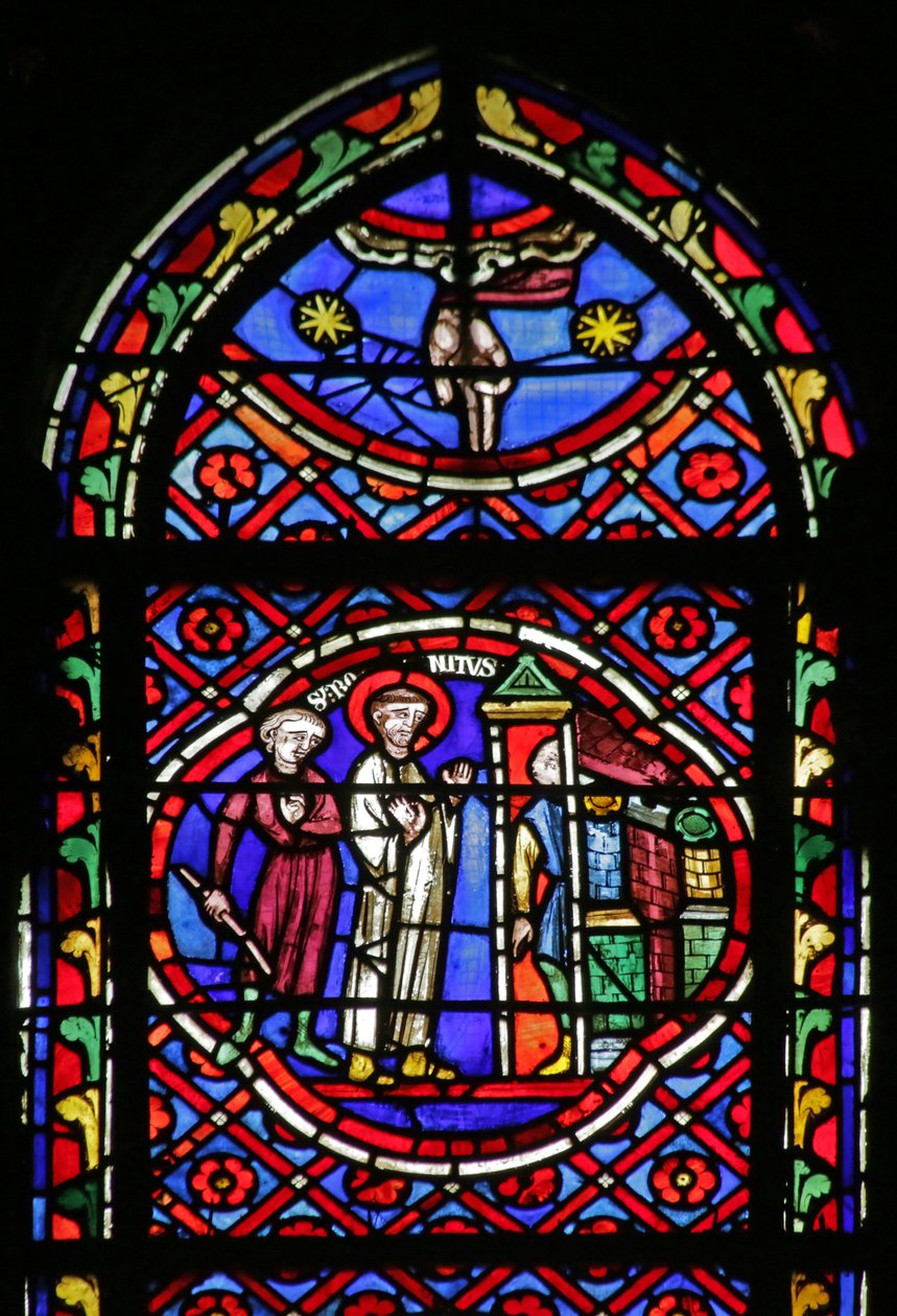 Vitrail représentant Scène de la Vie de Saint Bonnet : Saint laissant ses biens à la Porte et recevant l