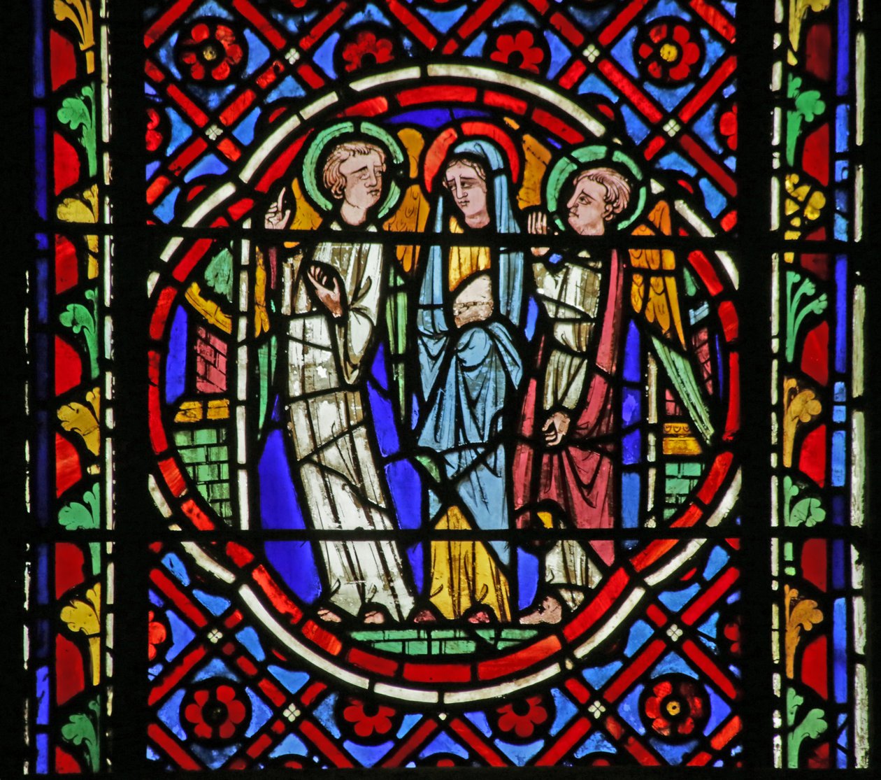 Vitrail représentant Scène de la Vie de Saint Bonnet : la Vierge disant aux Anges accompagnateurs qu