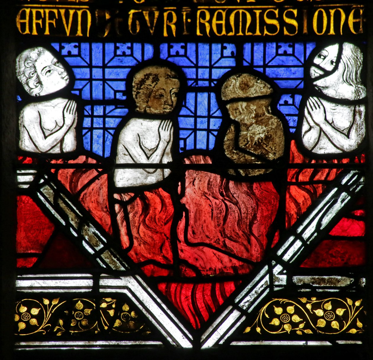 Vitrail représentant les âmes du purgatoire sous la messe - French School