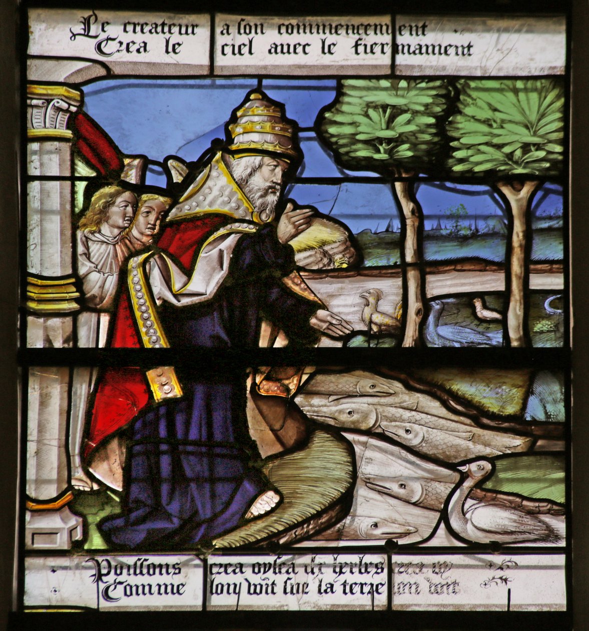 Vitrail représentant la Création des Poissons et des Oiseaux - French School
