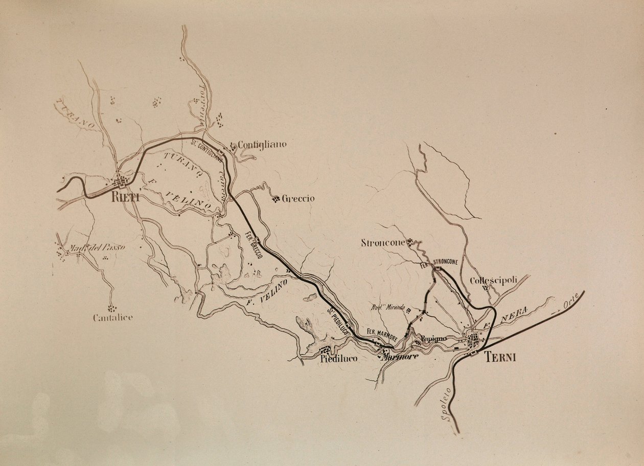 Societa Italiana pour les voies ferrées du sud : carte de la ligne ferroviaire Terni-Rieti, 1883 - Italian School