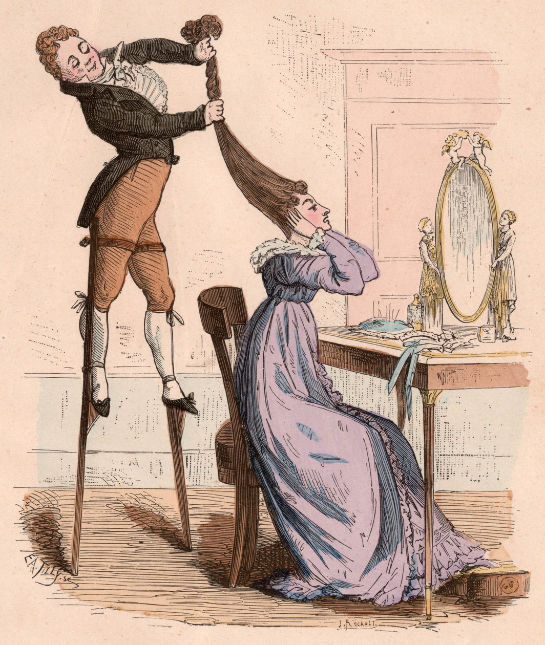 Un homme sur des échasses aidant une femme à se tordre vigoureusement les cheveux - Unknown