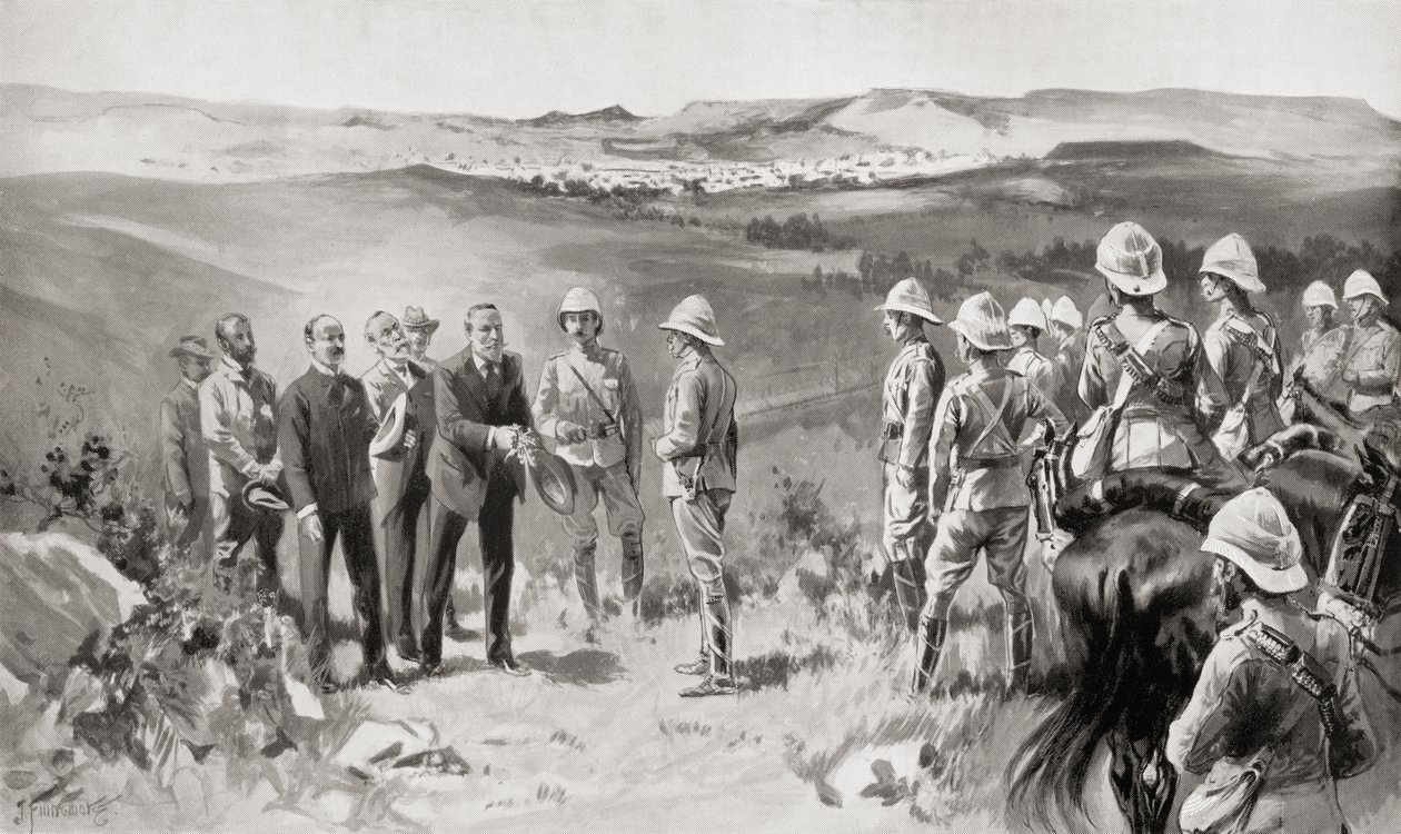 La reddition formelle de Bloefontein à Lord Roberts par M. Pappenfus, M. Kellner et M. Collins le 14 mars 1900, du livre Afrique du Sud et la guerre du Transvaal par Louis Creswicke, pub. 1900 - Unknown