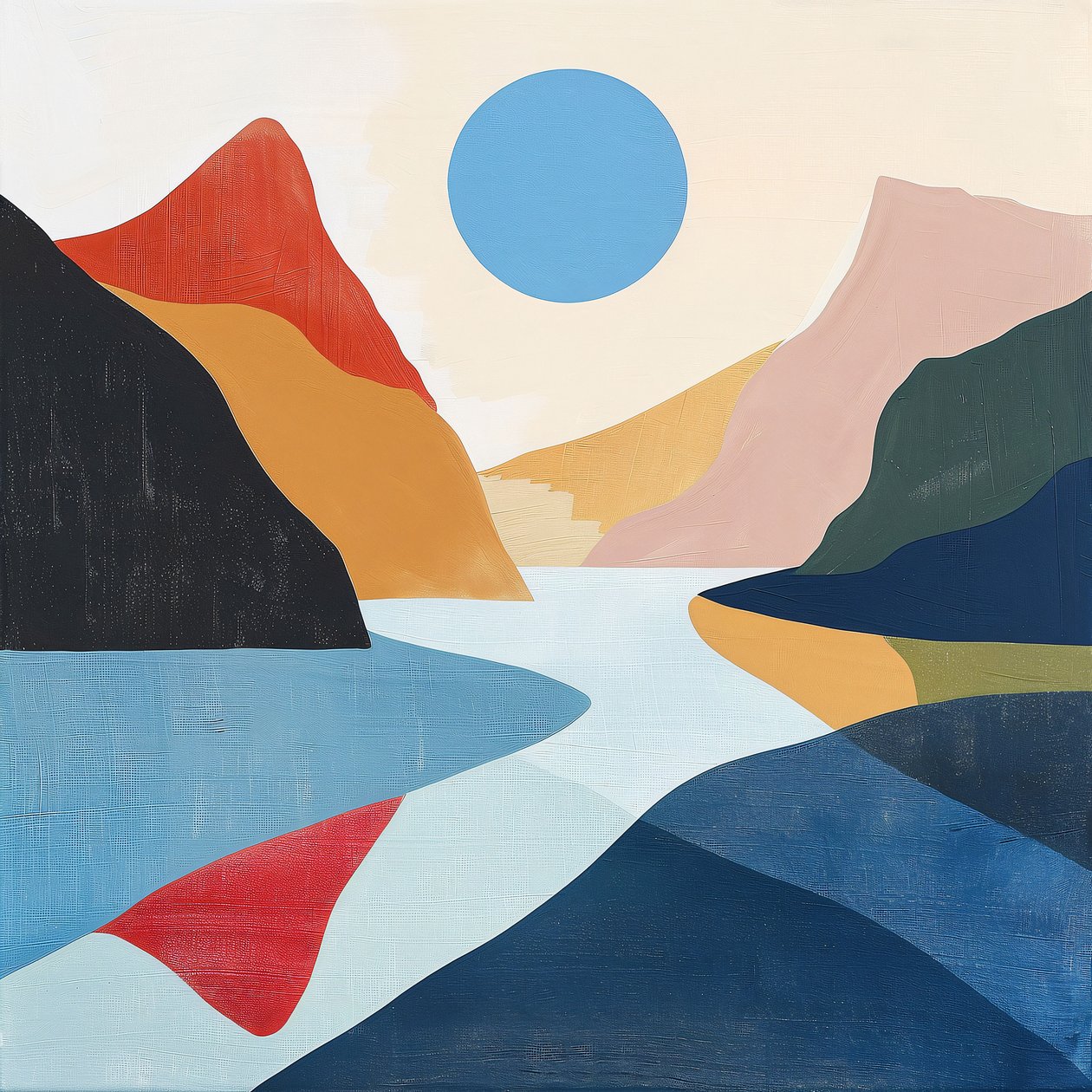 Paysage abstrait vue sur le lac formes géométriques minimalistes pour décoration murale - F. Abderrahim