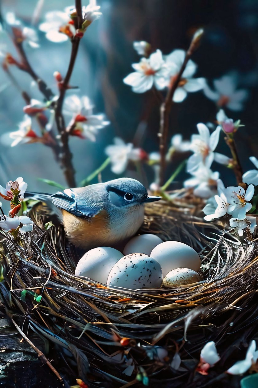Oiseau couvant des œufs entouré de fleurs blanches - F. Abderrahim