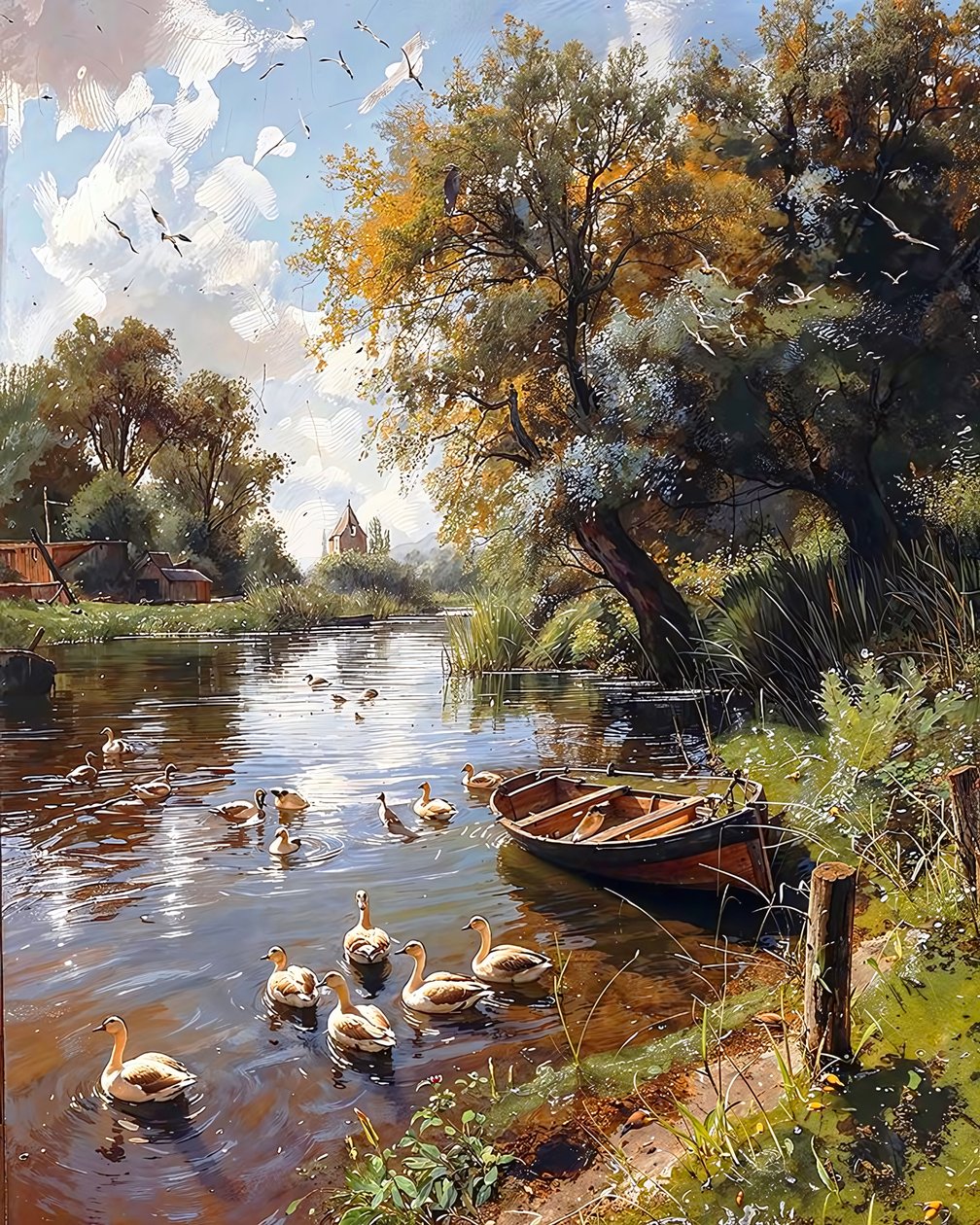 Lac tranquille, oiseaux et bateau en bois - F. Abderrahim