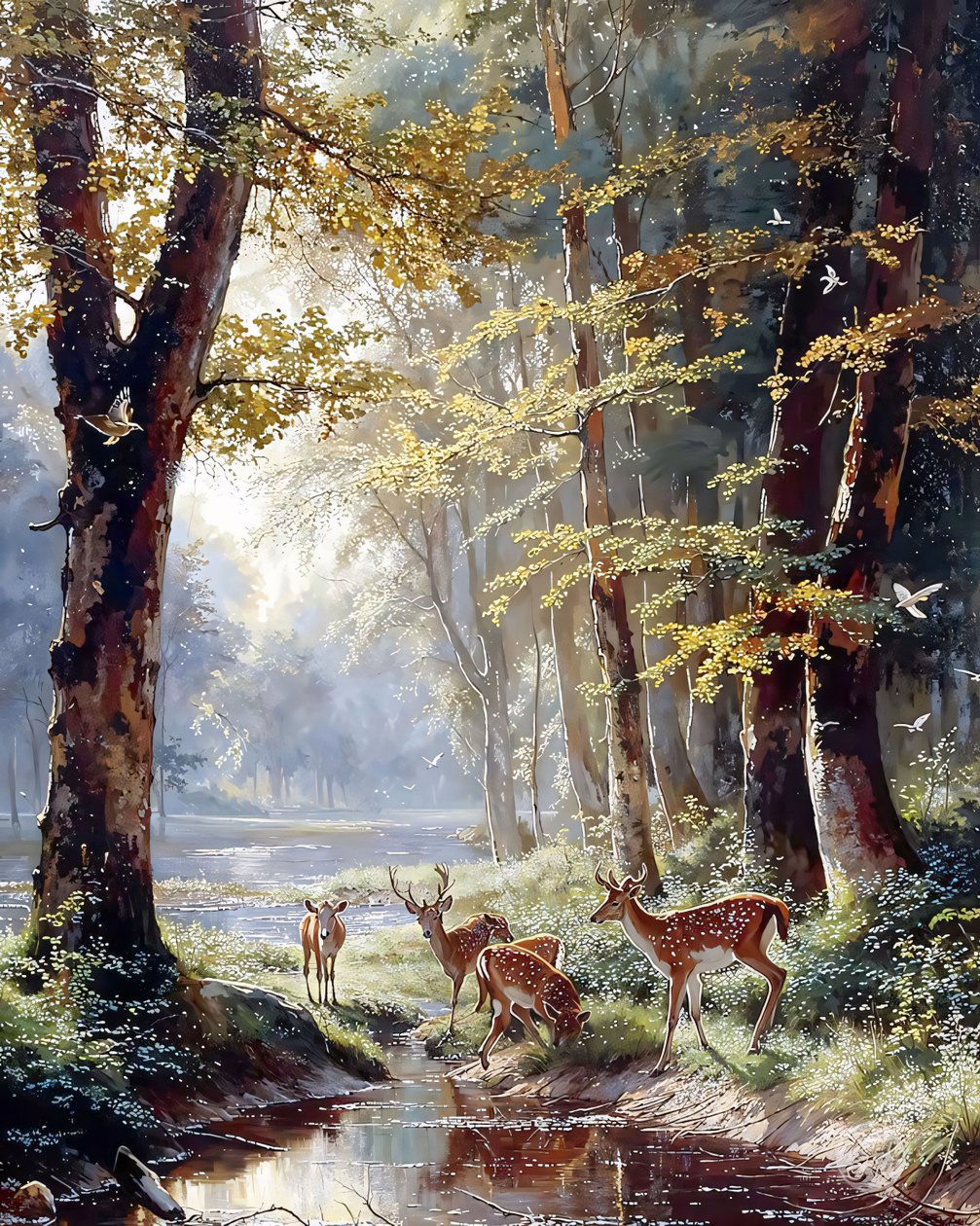 Un cerf parmi les arbres buvant l