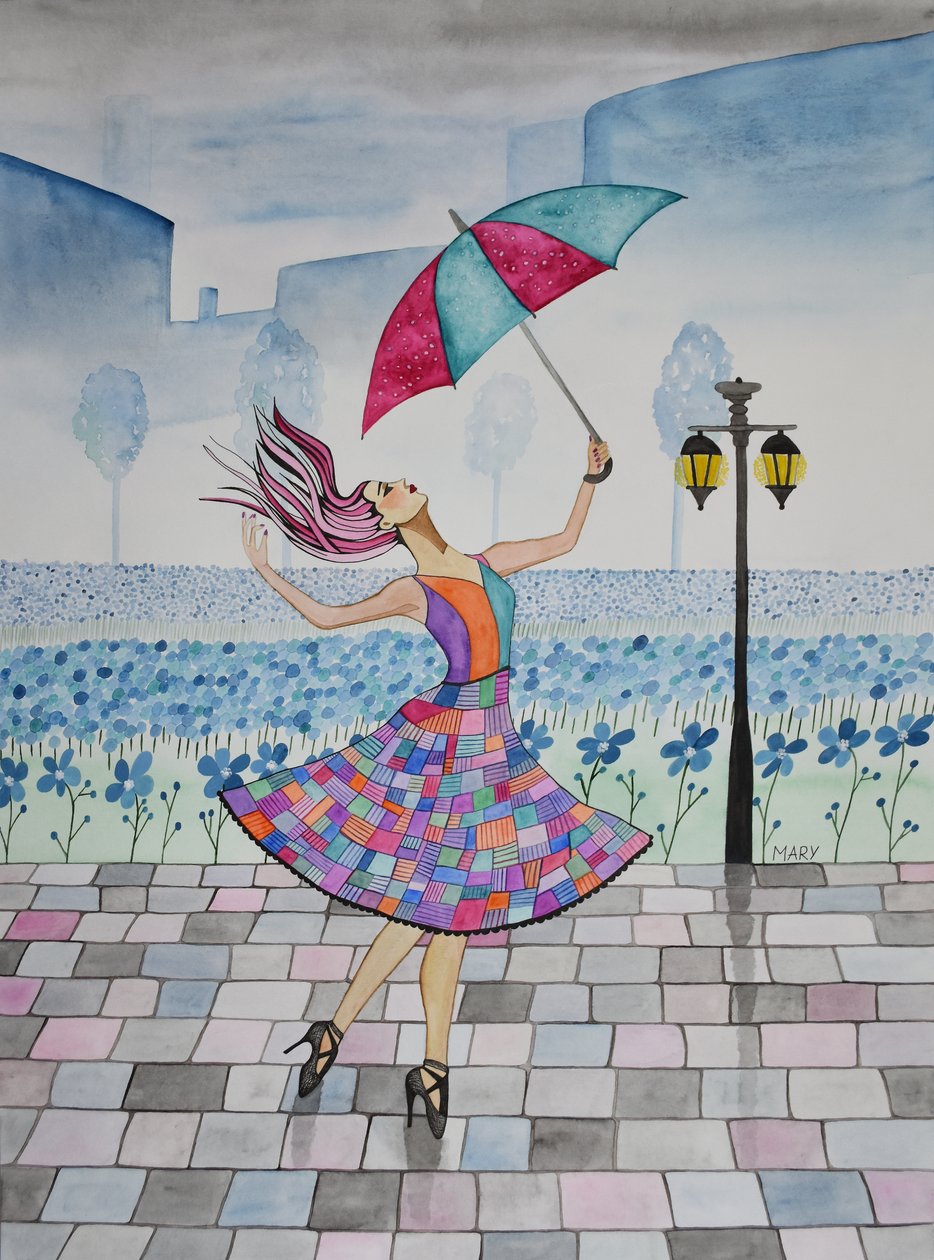 Elle danse sous la pluie - Marys Watercolors