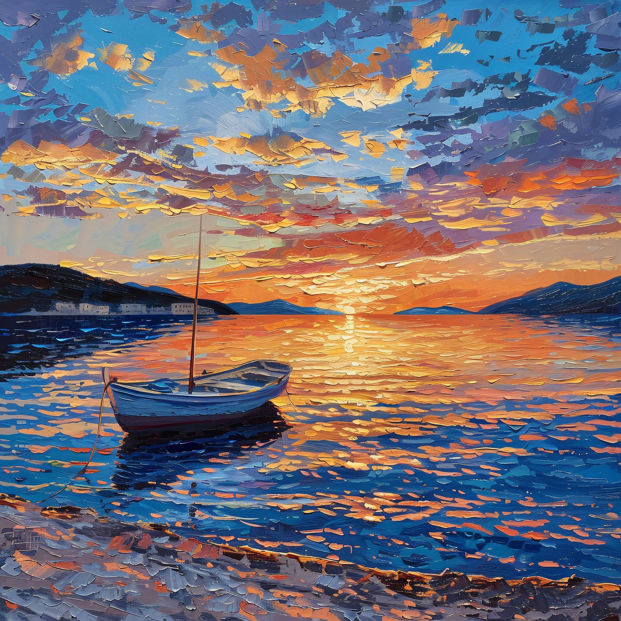 Bateau sur la rivière au coucher du soleil Belle, Dalmatie, Croatie Huile sur toile, Décoration murale à vendre - F. Abderrahim