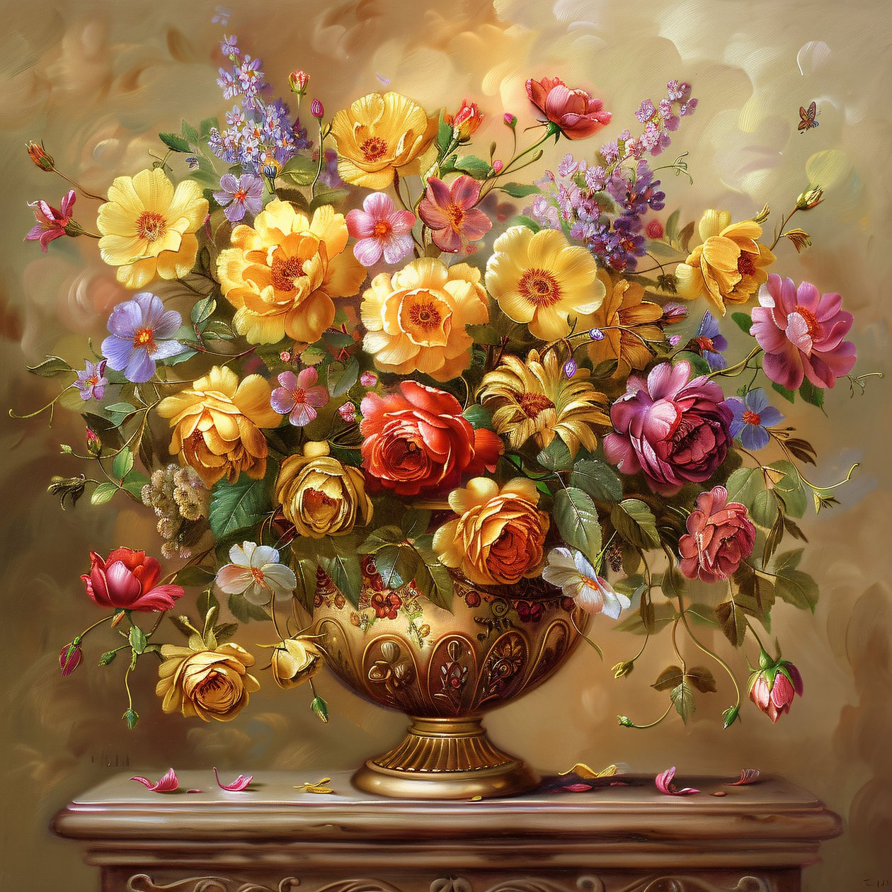 Vase de style peint du milieu du siècle avec de riches accents dorés, tirages d