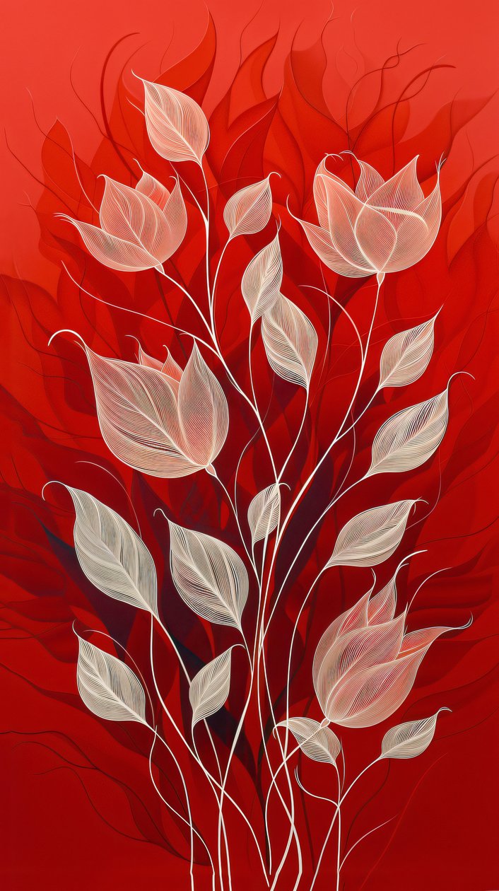 Plantes et fleurs dessinées en blanc sur fond rouge, décoration murale et impressions sur toile - F. Abderrahim