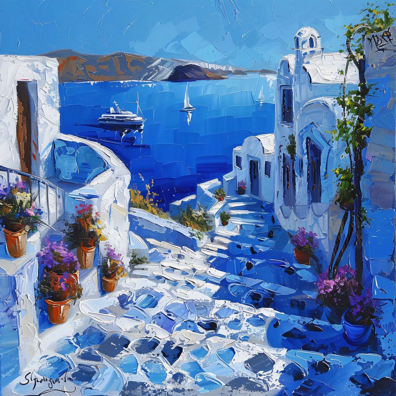 Santorin avec de beaux lampadaires, toile et cadre pour décoration murale - F. Abderrahim