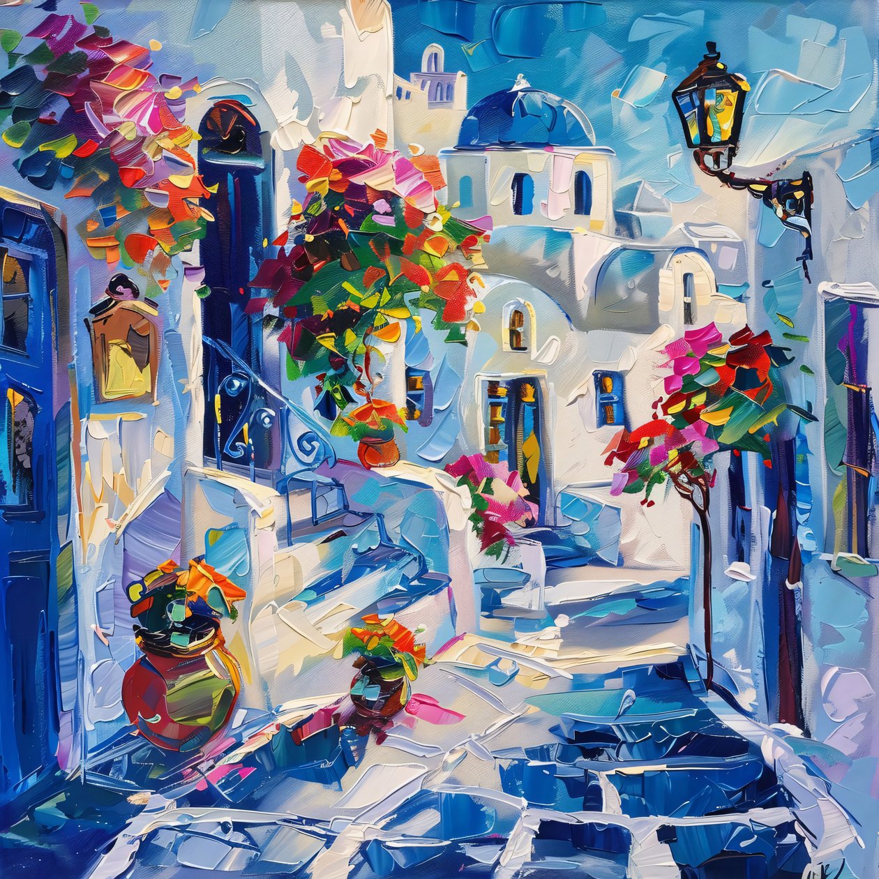 Thira avec de beaux lampadaires, cadre personnalisé Art mural - F. Abderrahim