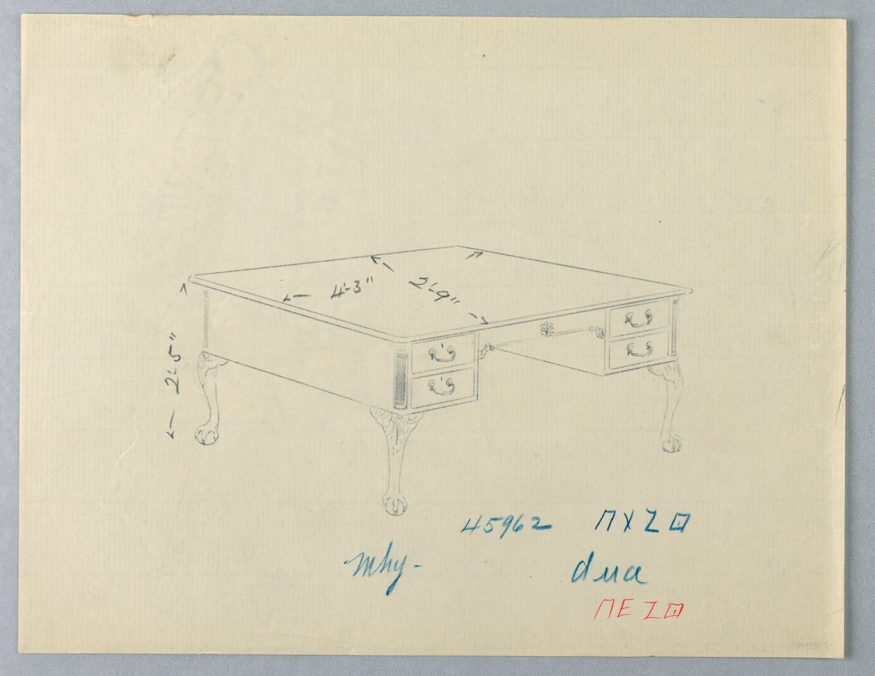 Design pour une table de bibliothèque avec pieds en patte de lion - A.N. Davenport Co.