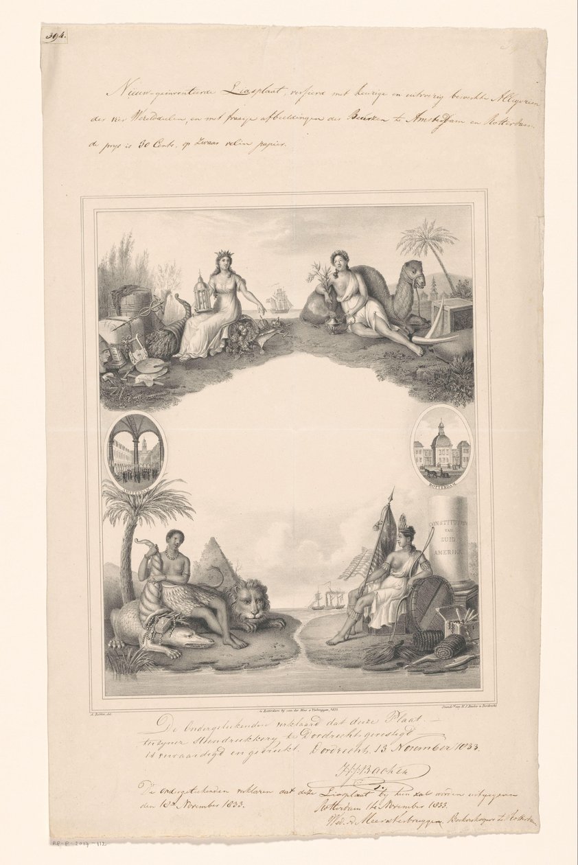 Projet de page de titre avec personnifications des quatre continents - A. Bakker