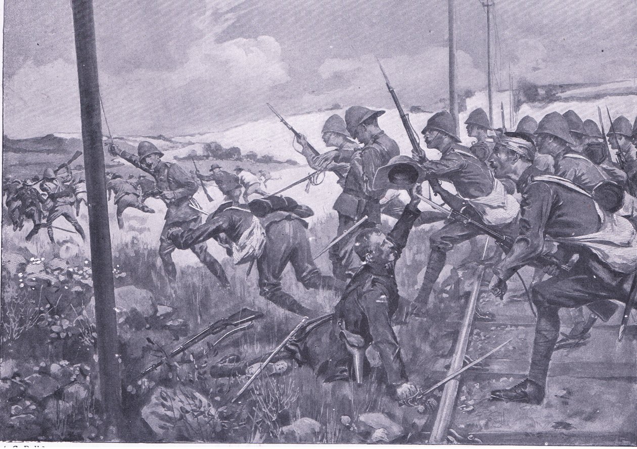 Charge des fusiliers écossais à Frederikstad, illustration de Après Pretoria : La guerre de guérilla, 1902 - A. C. Ball