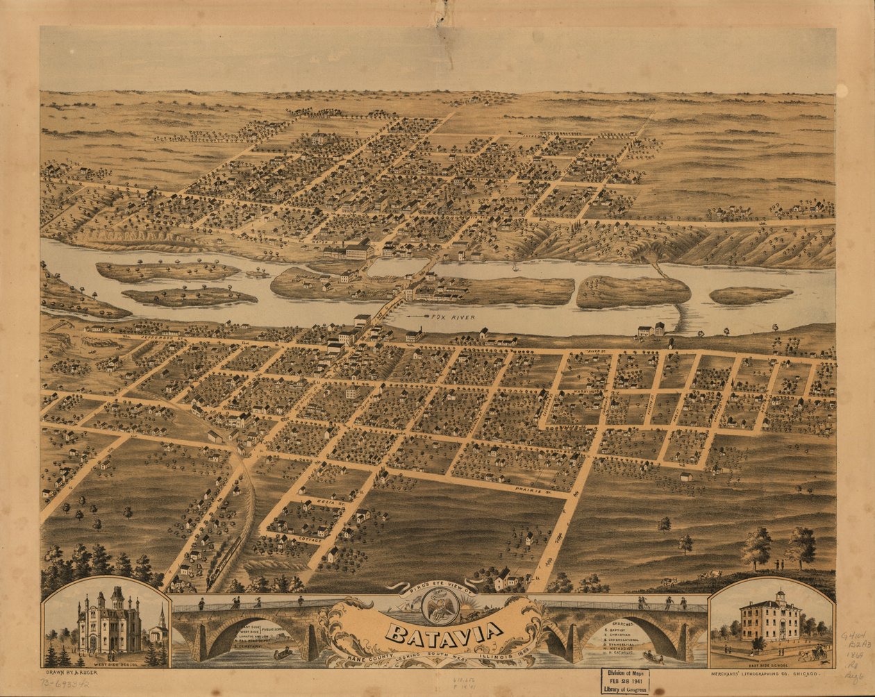 Vue aérienne de Batavia, comté de Kane, Illinois, 1869. LOC 73693342 - A.; Chicago Lithographing Co. Ruger