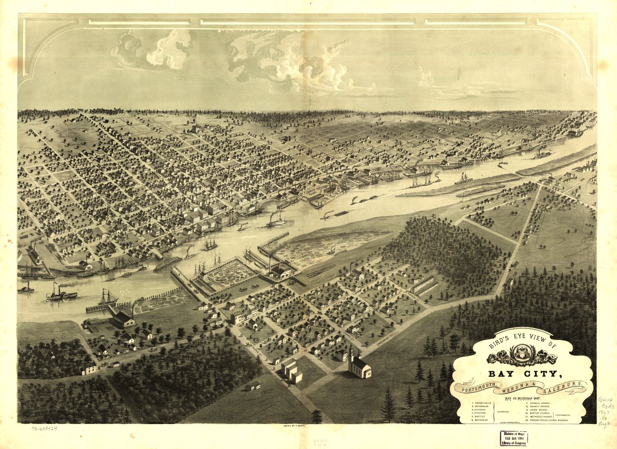 Vue aérienne de Bay City, Portsmouth, Wenona et Salzburg, Bay Co., Michigan 1867. LOC 73693424 - A.; Chicago Lithographing Co. Ruger