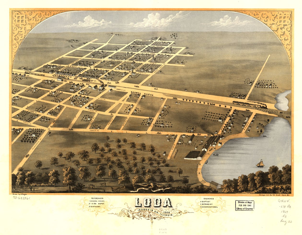 Vue aérienne de Loda, Iroquois Co., Illinois 1869. LOC 73693361 - A.; Chicago Lithographing Co. Ruger