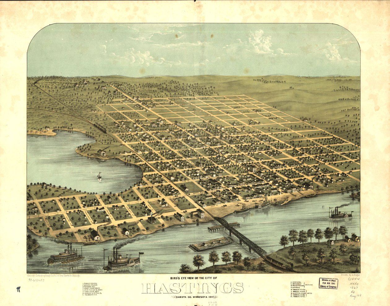 Vue aérienne de la ville de Hastings, Dakota Co., Minnesota 1867. LOC 73693453 - A.; Chicago Lithographing Co. Ruger