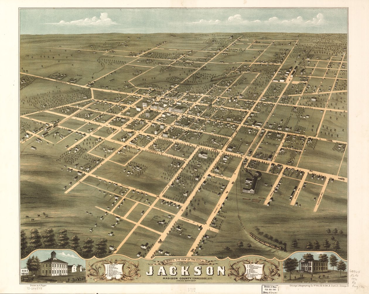 Vue aérienne de la ville de Jackson, comté de Madison, Tennessee 1870. LOC 73694528 - A.; Chicago Lithographing Co. Ruger