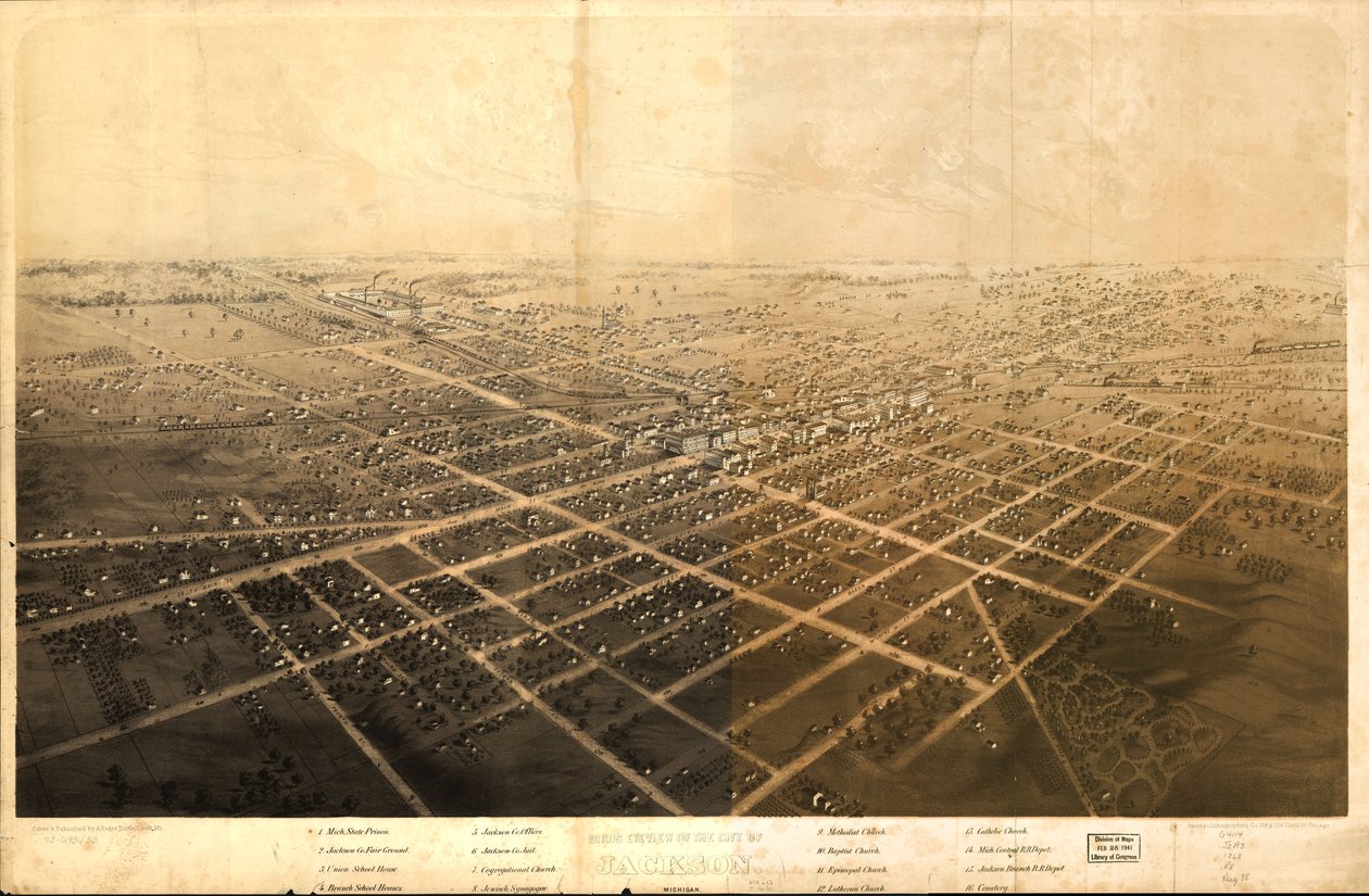Vue aérienne de la ville de Jackson, Michigan. LOC 73693433 - A.; Chicago Lithographing Co. Ruger