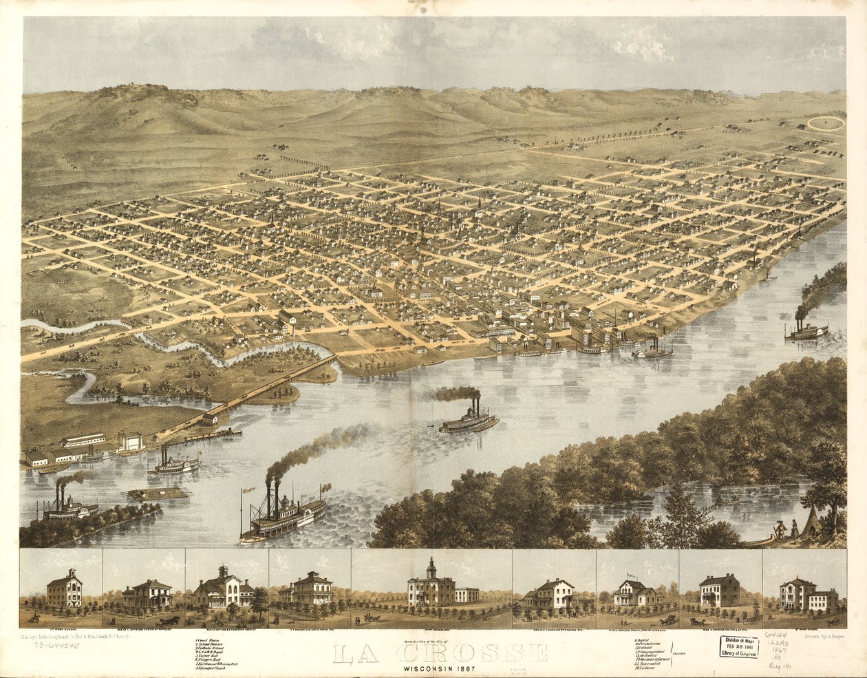 Vue aérienne de la ville de La Crosse, Wisconsin 1867. LOC 73694545 - A.; Chicago Lithographing Co. Ruger