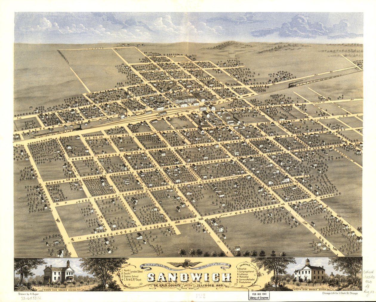 Vue aérienne de la ville de Sandwich, comté de De Kalb, Illinois 1869. LOC 73693372 - A.; Chicago Lithographing Co. Ruger