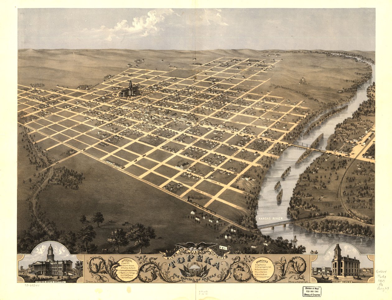 Vue aérienne de la ville de Topeka, capitale du Kansas en 1869. LOC 73693411 - A.; Chicago Lithographing Co. Ruger